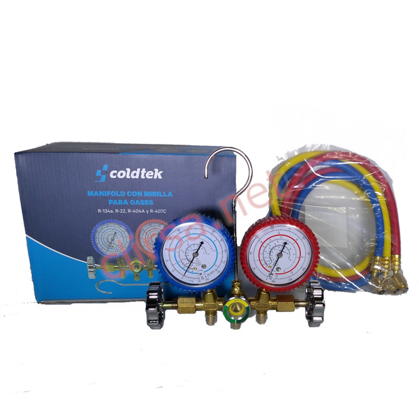 V1804: MANIFOLD DE LATÓN C/MIRILLA; R134A R404 Y R22; AVB Y PROTECCIÓN CON JGO. DE MANGUERAS 36"